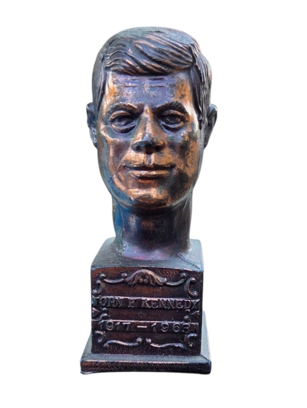 Vintage 1968 JFK Bronze-Tone Mini Commemorative Bust Decorative Accent